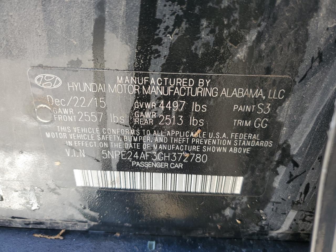 2016 Hyundai Sonata Se VIN: 5NPE24AF3GH372780 Lot: 75303093