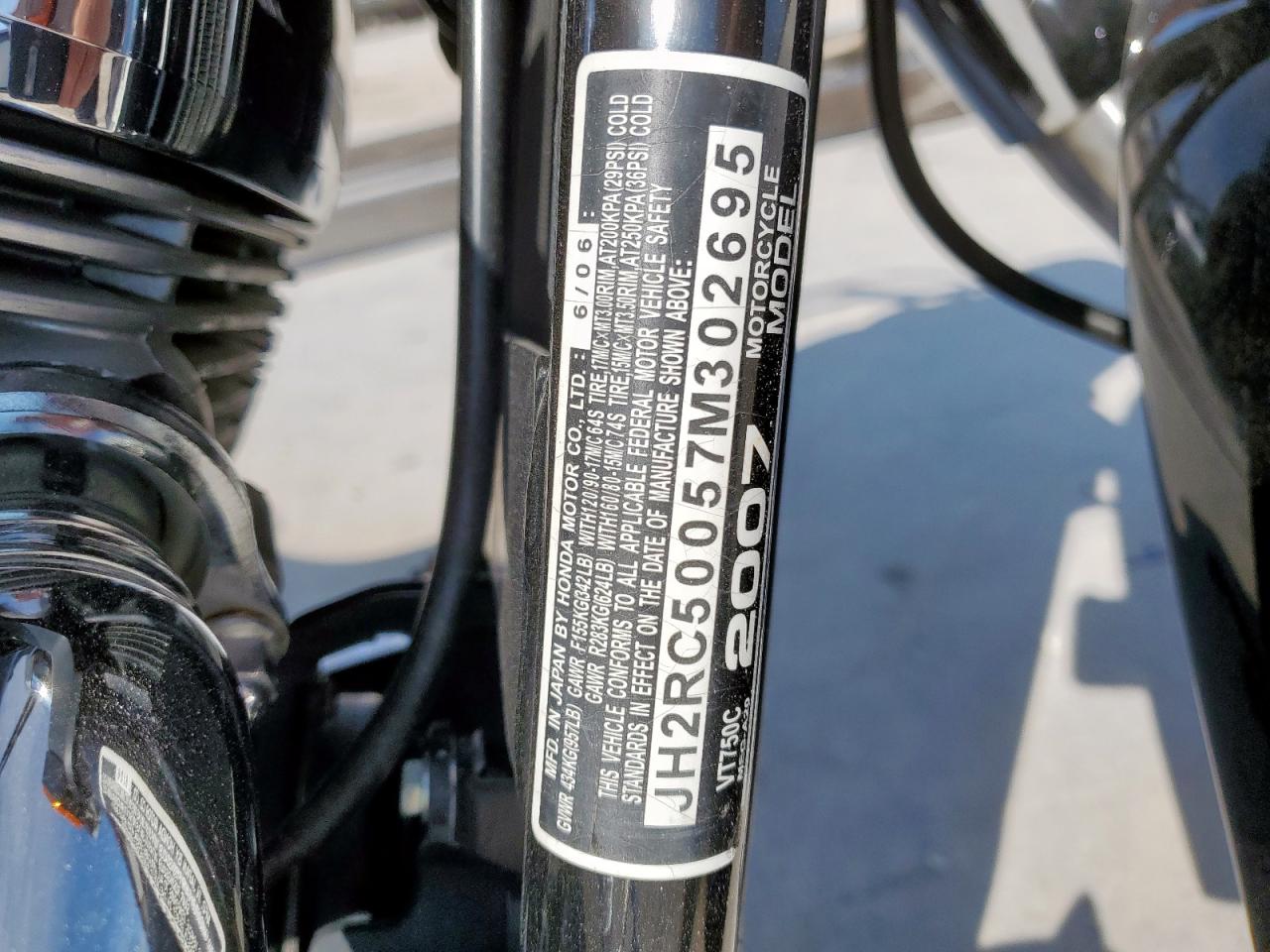 2007 Honda Vt750 VIN: JH2RC50057M302695 Lot: 85880105