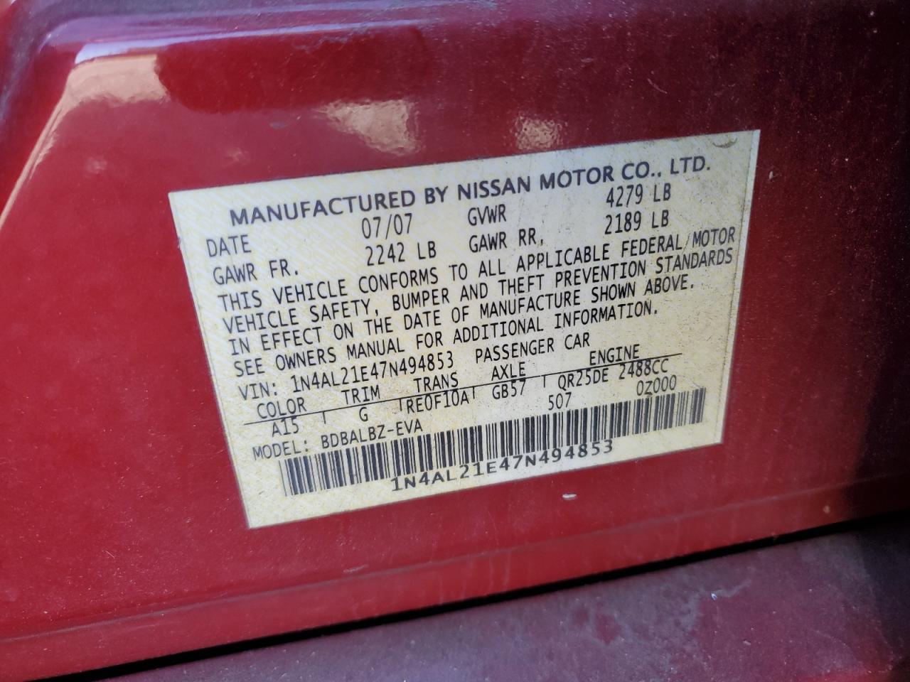 2007 Nissan Altima 2.5 VIN: 1N4AL21E47N494853 Lot: 82319095