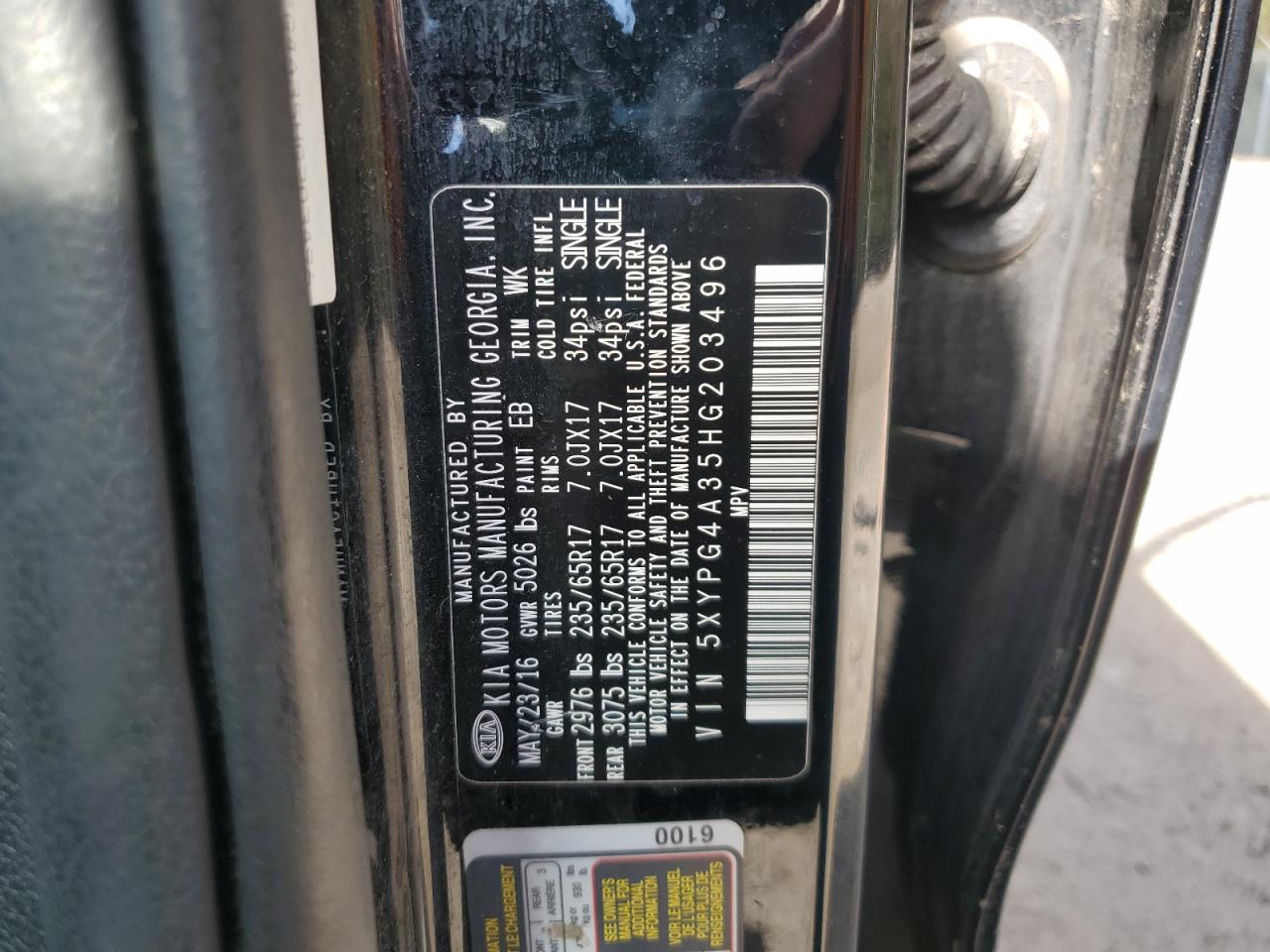 2017 Kia Sorento Lx VIN: 5XYPG4A35HG203496 Lot: 89477295