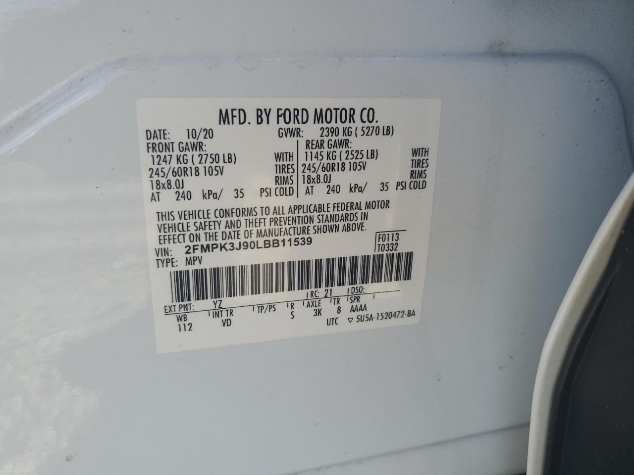2020 Ford Edge Sel VIN: 2FMPK3J90LBB11539 Lot: 82758625