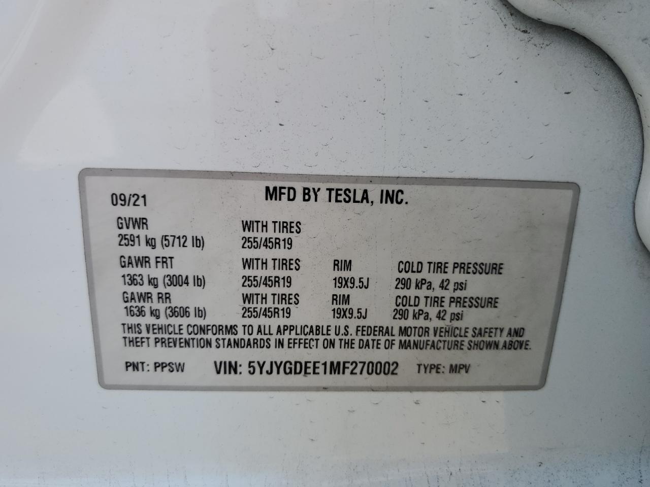 2021 Tesla Model Y VIN: 5YJYGDEE1MF270002 Lot: 86192965