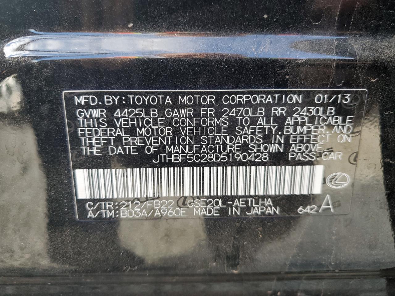 2013 Lexus Is 250 VIN: JTHBF5C28D5190428 Lot: 86121115