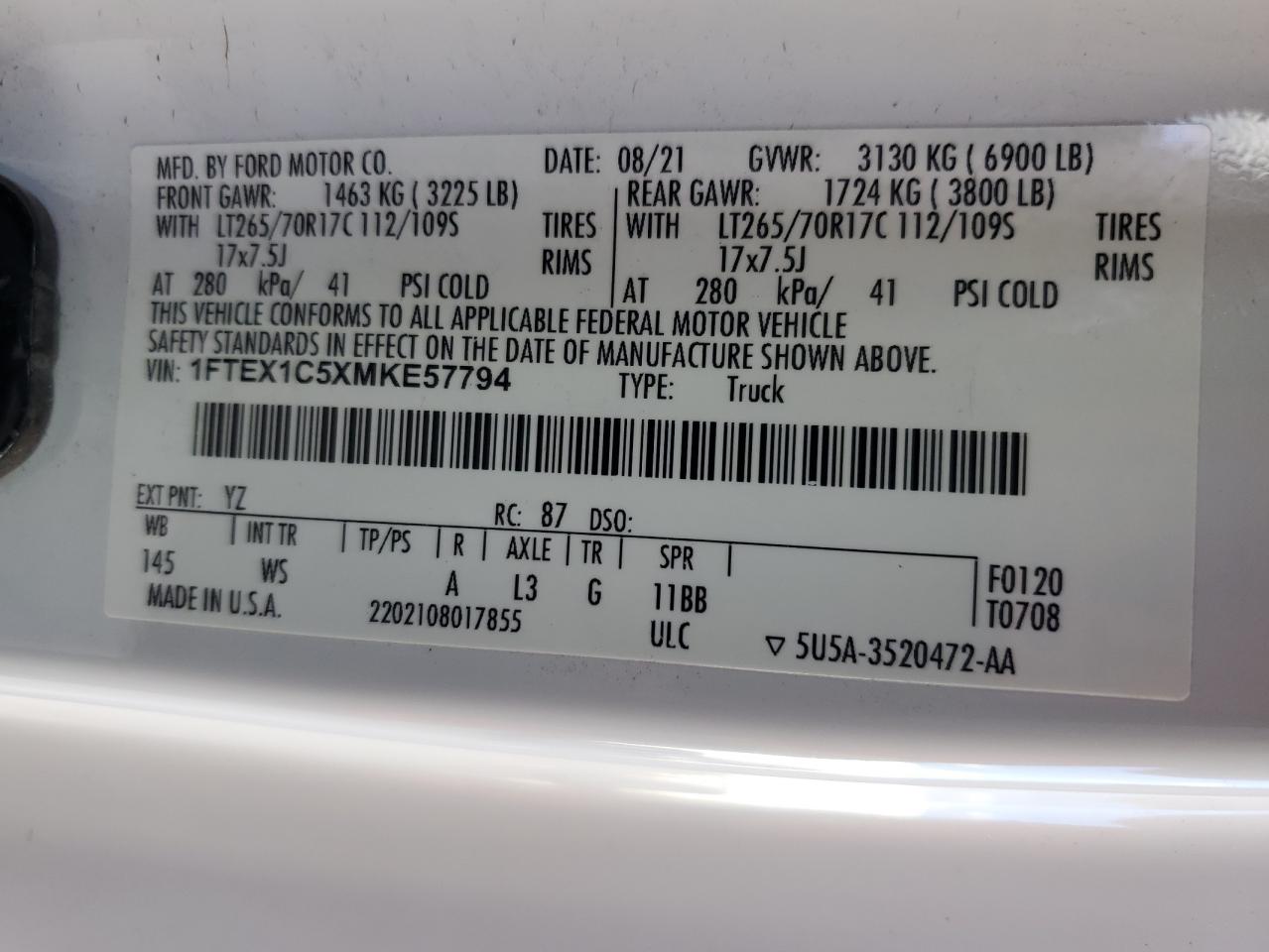 2021 Ford F150 Super Cab VIN: 1FTEX1C5XMKE57794 Lot: 86594265