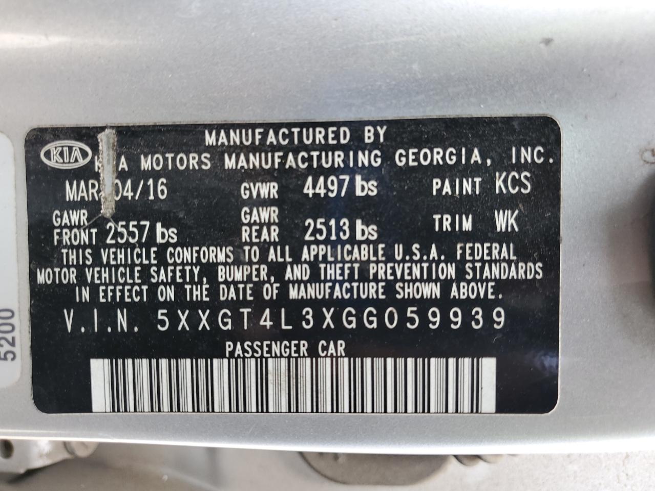 2016 Kia Optima Lx VIN: 5XXGT4L3XGG059939 Lot: 85359705