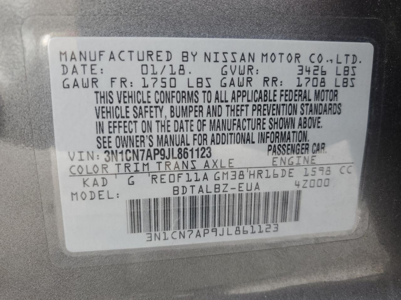 2018 Nissan Versa S VIN: 3N1CN7AP9JL861123 Lot: 86790105