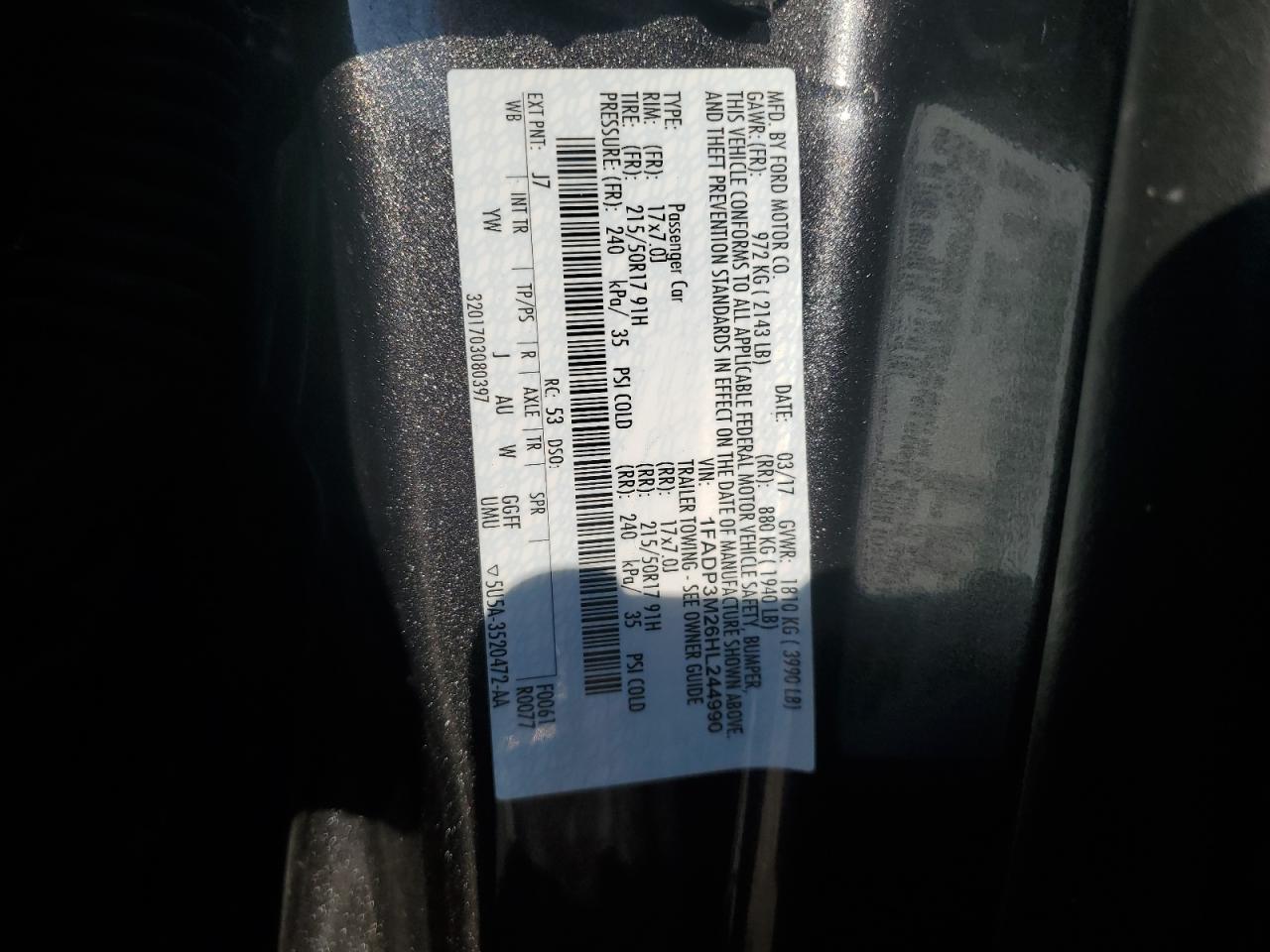 2017 Ford Focus Sel VIN: 1FADP3M26HL244990 Lot: 84960555