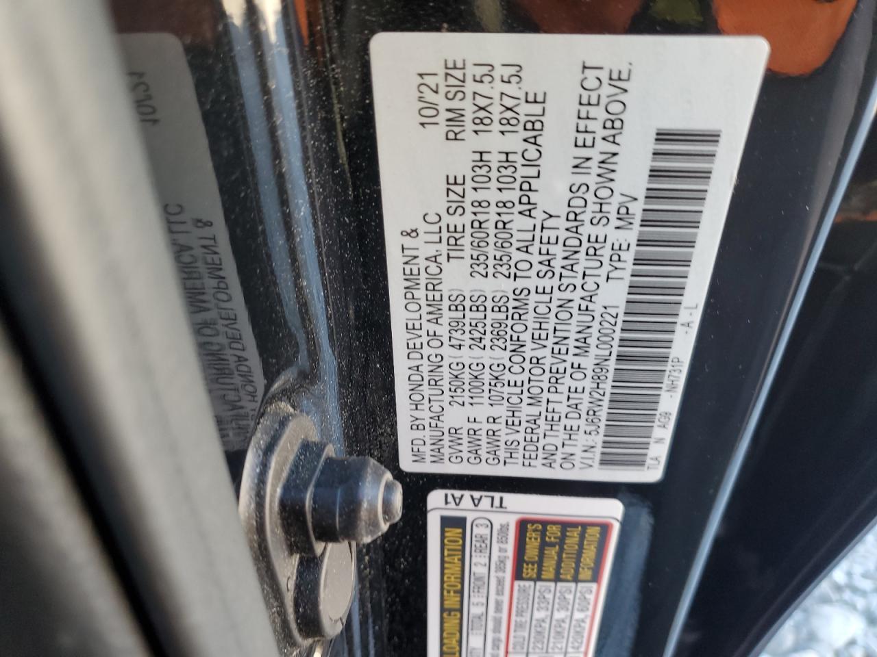 2022 Honda Cr-V Exl VIN: 5J6RW2H89NL000221 Lot: 86872895