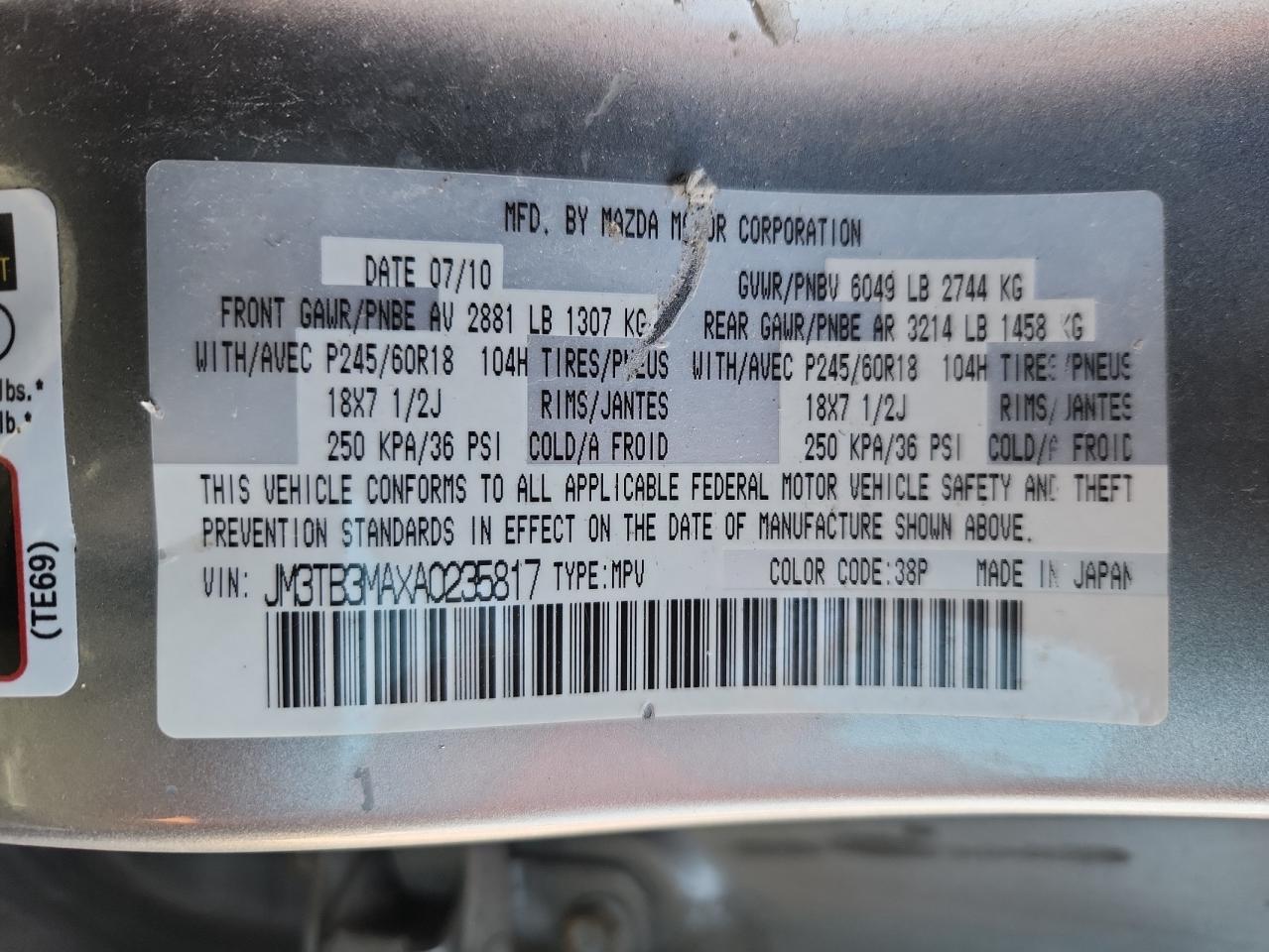 2010 Mazda Cx-9 VIN: JM3TB3MAXA0235817 Lot: 81918905