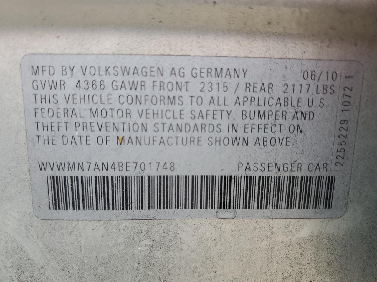 2011 Volkswagen Cc Sport VIN: WVWMN7AN4BE701748 Lot: 85861905