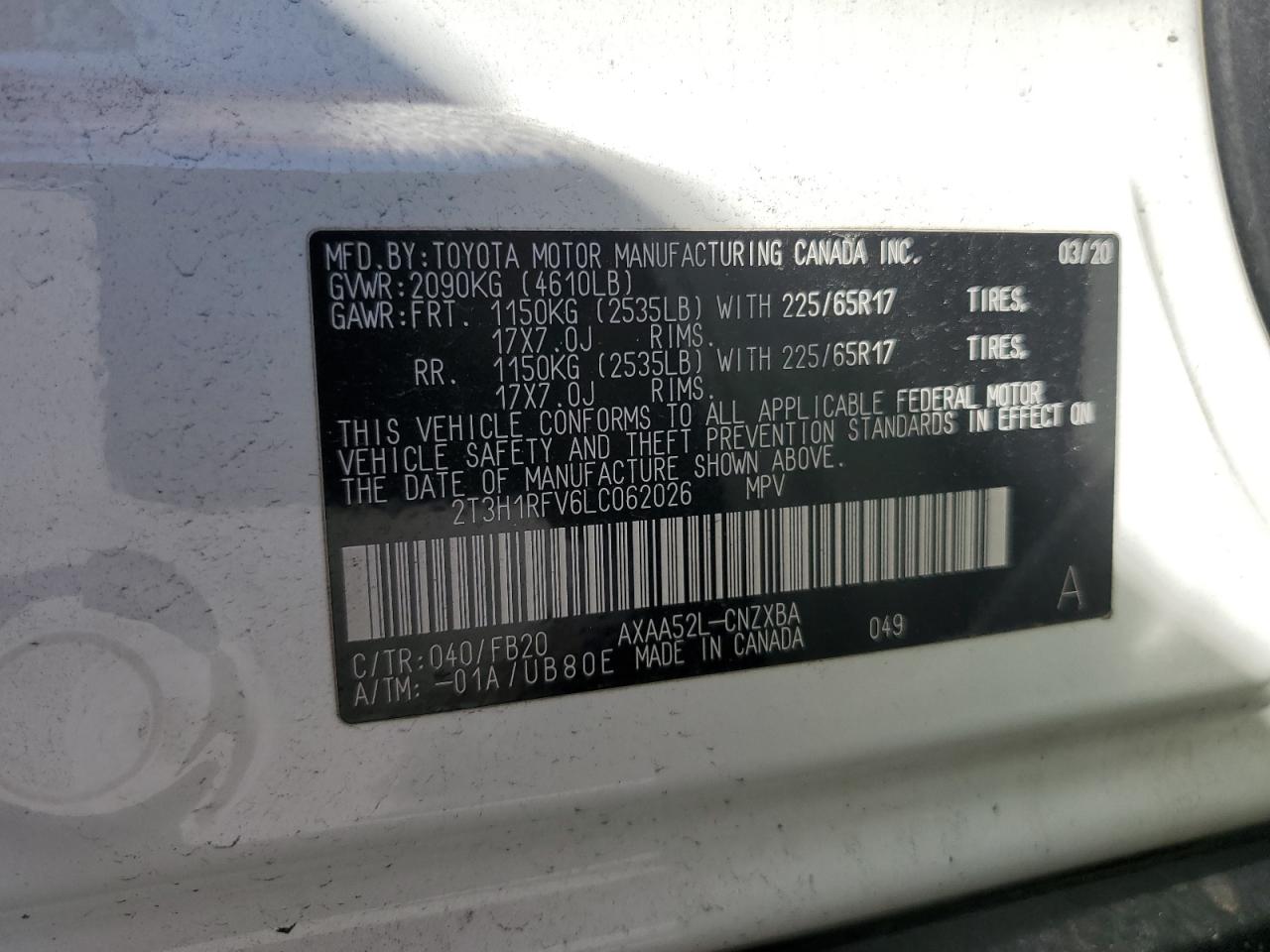 2020 Toyota Rav4 Le VIN: 2T3H1RFV6LC062026 Lot: 86554095
