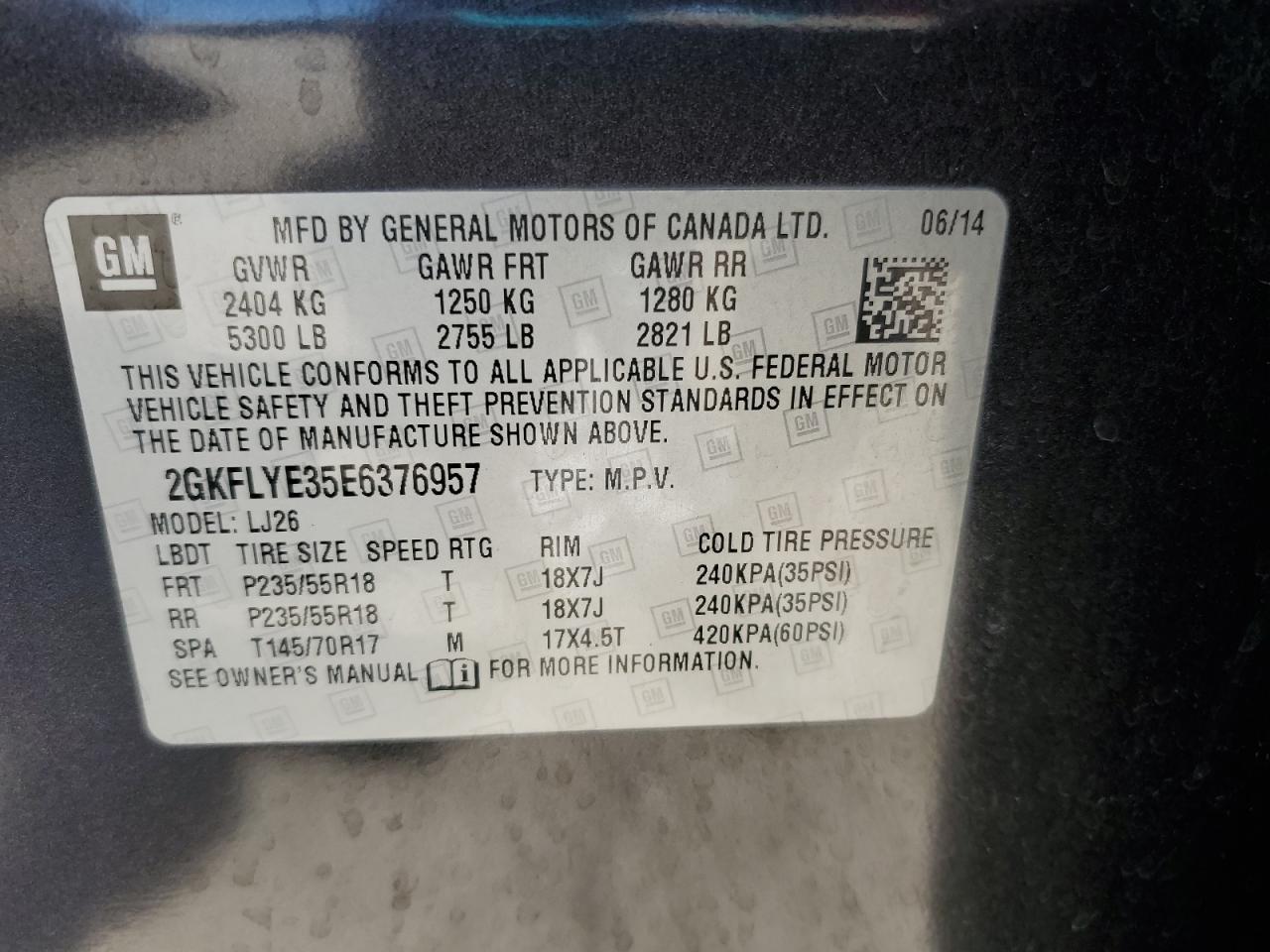 2014 GMC Terrain Slt VIN: 2GKFLYE35E6376957 Lot: 82349875