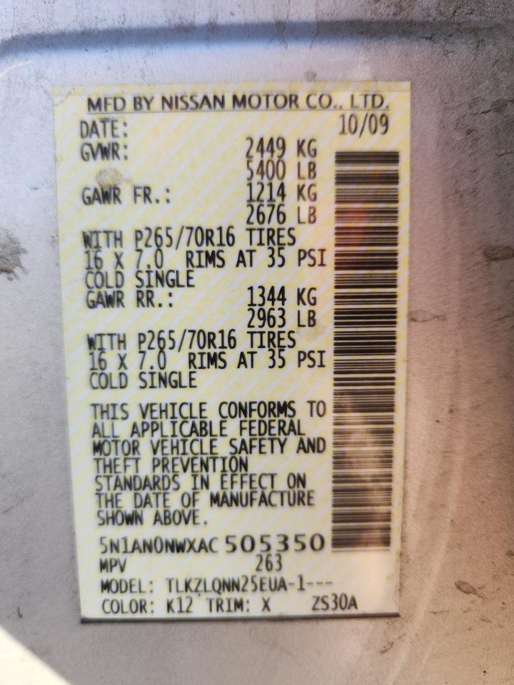 2010 Nissan Xterra Off Road VIN: 5N1AN0NWXAC505350 Lot: 82781845