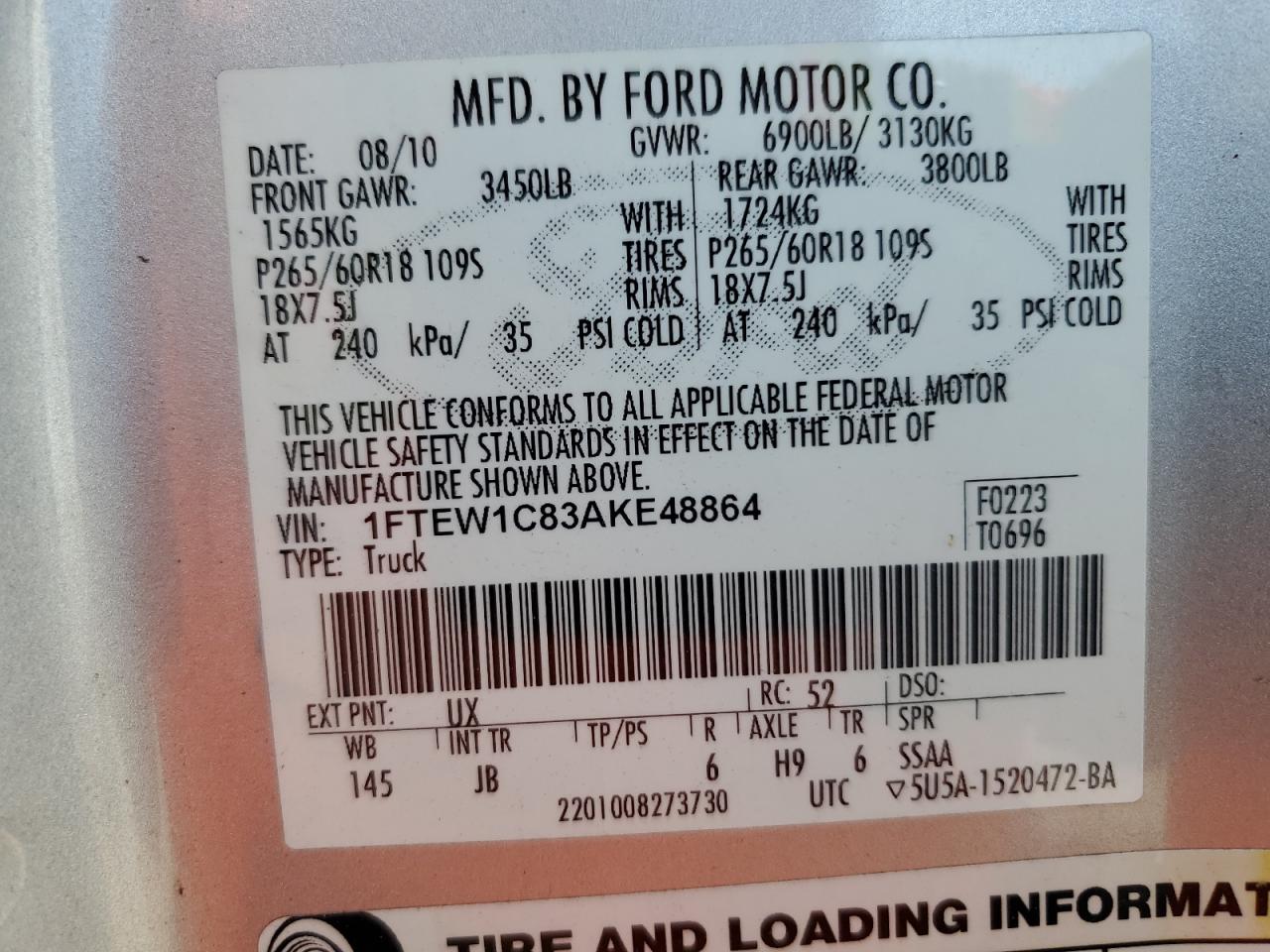 2010 Ford F150 Supercrew VIN: 1FTEW1C83AKE48864 Lot: 89578315