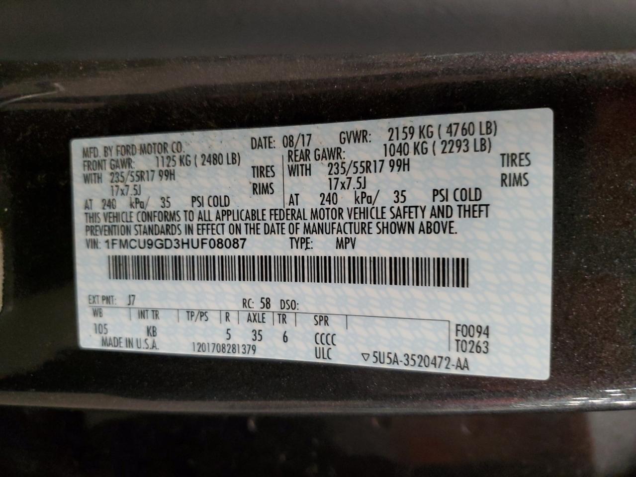 2017 Ford Escape Se VIN: 1FMCU9GD3HUF08087 Lot: 85761825