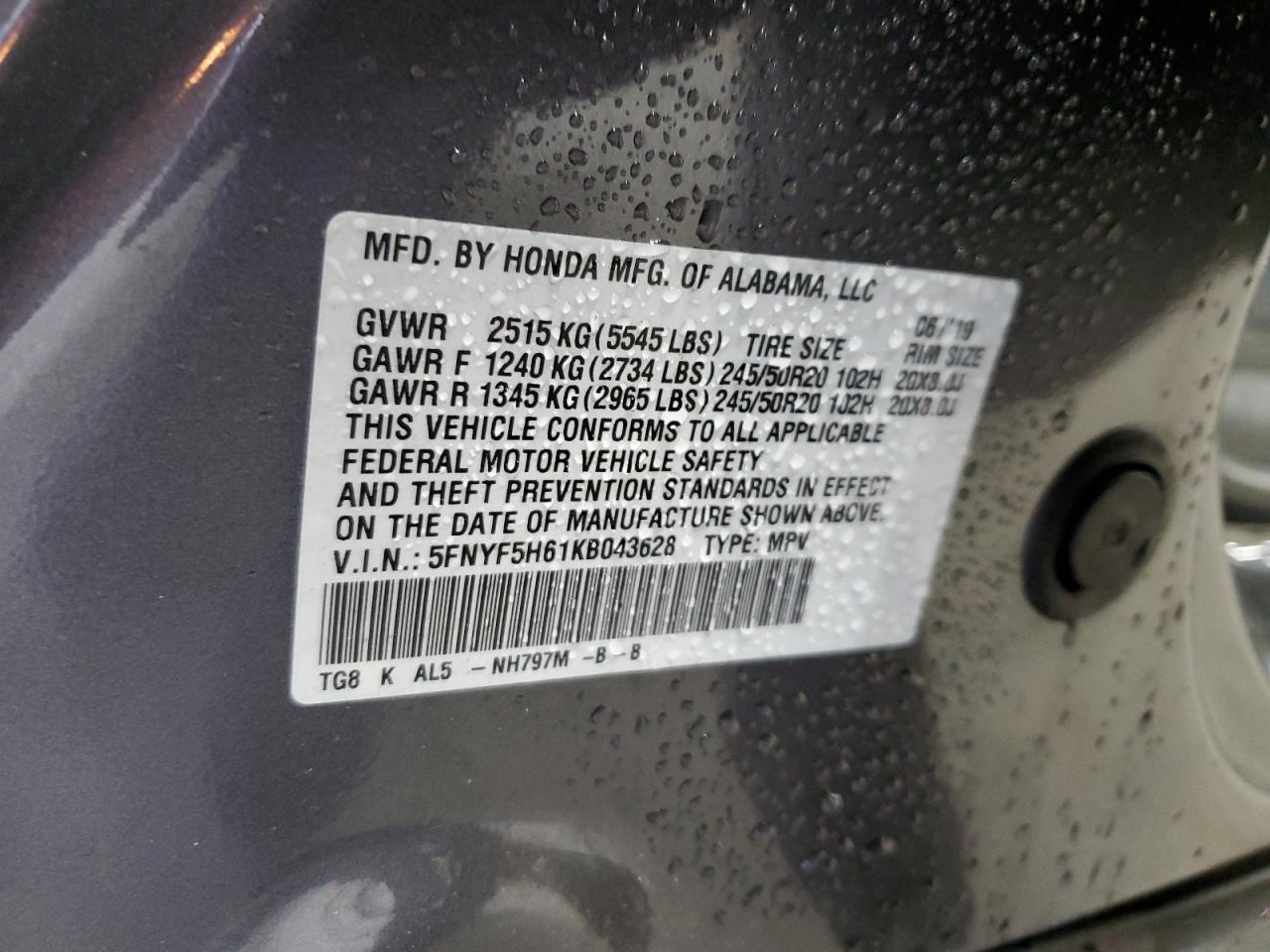 2019 Honda Pilot Touring VIN: 5FNYF5H61KB043628 Lot: 90688975