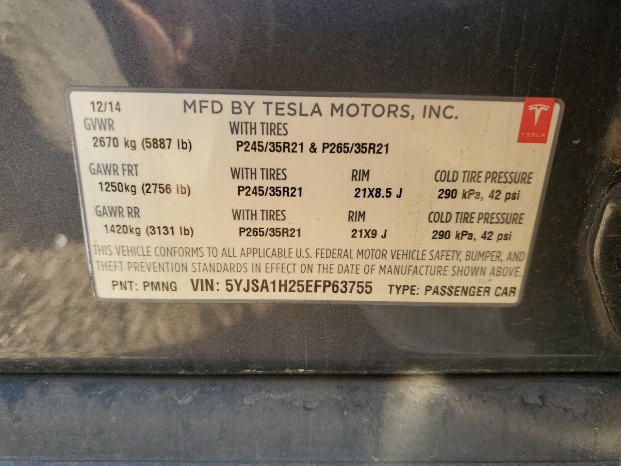 2014 Tesla Model S VIN: 5YJSA1H25EFP63755 Lot: 84574065