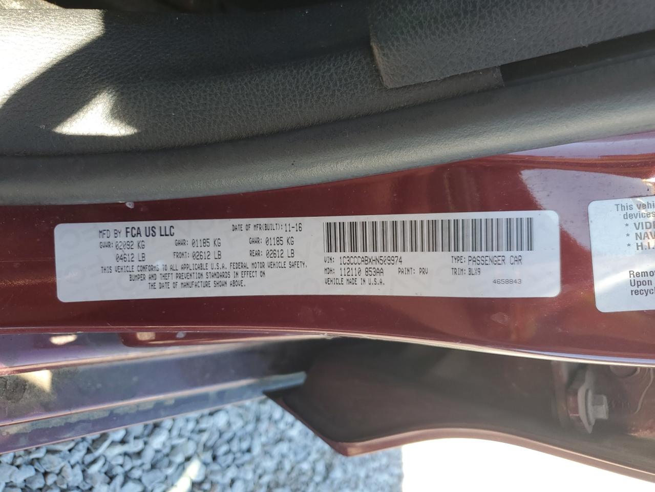 2017 Chrysler 200 Limited VIN: 1C3CCCABXHN509974 Lot: 86858365