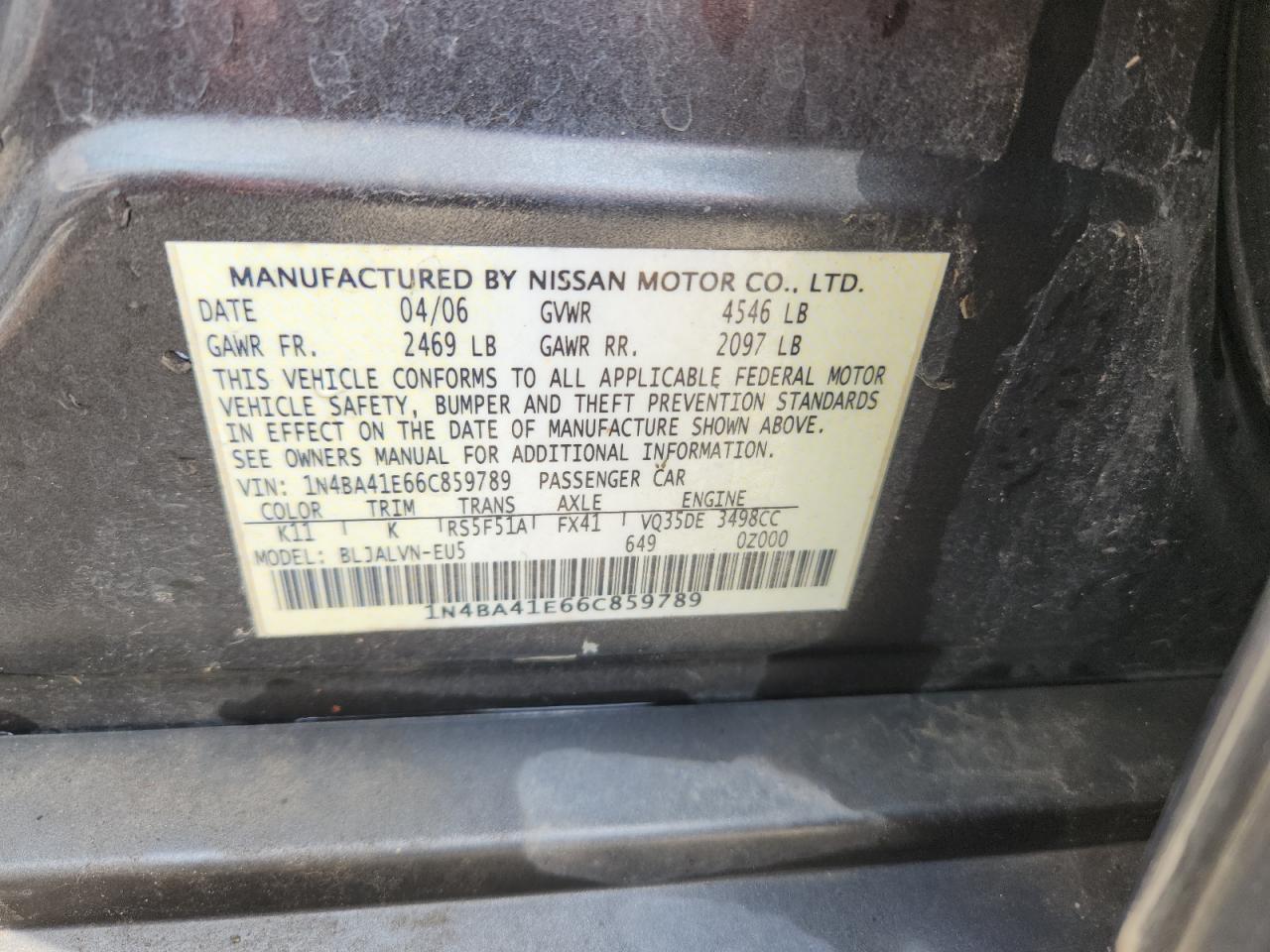 2006 Nissan Maxima Se VIN: 1N4BA41E66C859789 Lot: 87100945