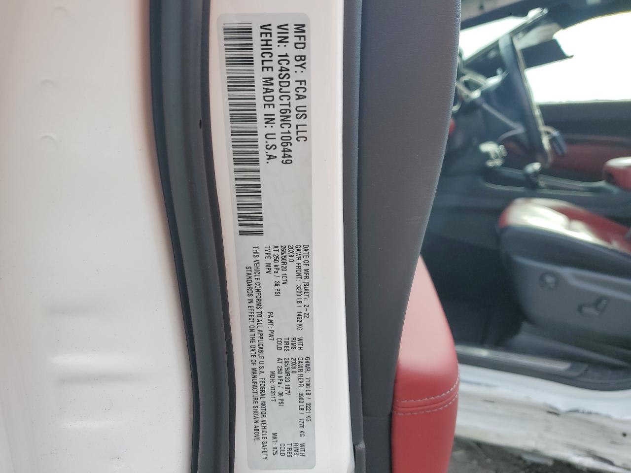 2022 Dodge Durango R/T VIN: 1C4SDJCT6NC106449 Lot: 85906545