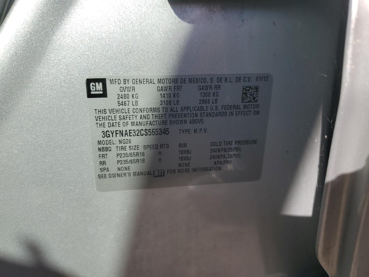 2012 Cadillac Srx Luxury Collection VIN: 3GYFNAE32CS565345 Lot: 86148945