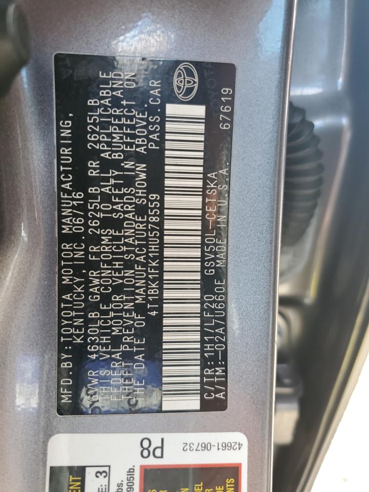 2017 Toyota Camry Xse VIN: 4T1BK1FK1HU578559 Lot: 85481335