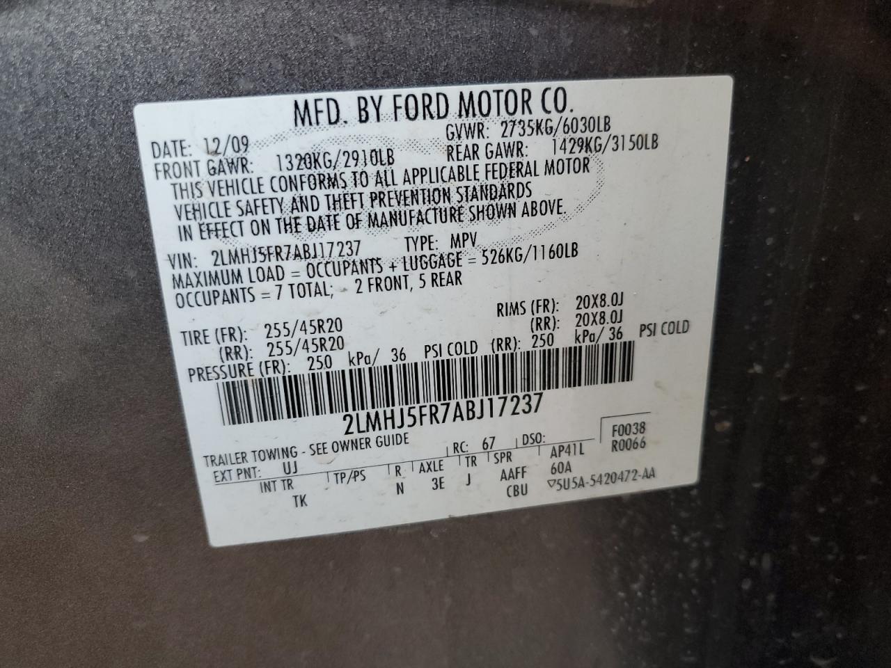 2010 Lincoln Mkt VIN: 2LMHJ5FR7ABJ17237 Lot: 86177945