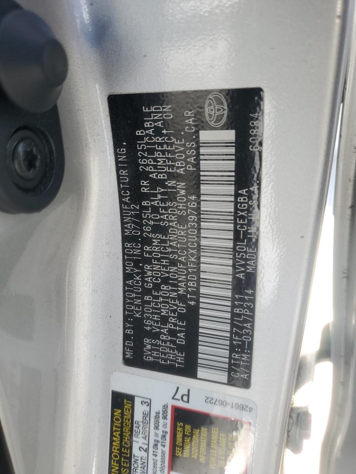 2012 Toyota Camry Hybrid VIN: 4T1BD1FKXCU039764 Lot: 85346035