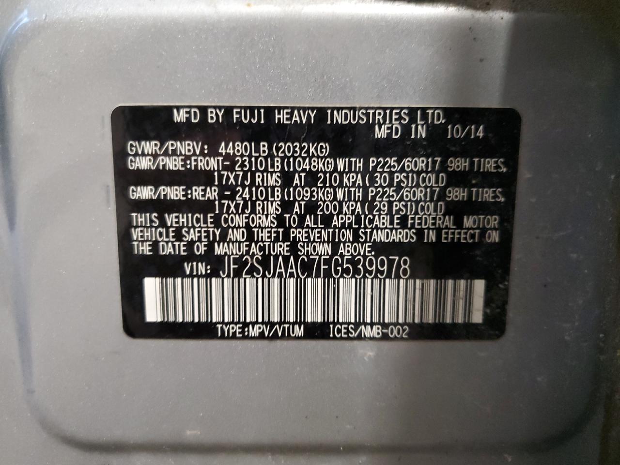 2015 Subaru Forester 2.5I VIN: JF2SJAAC7FG539978 Lot: 90877605