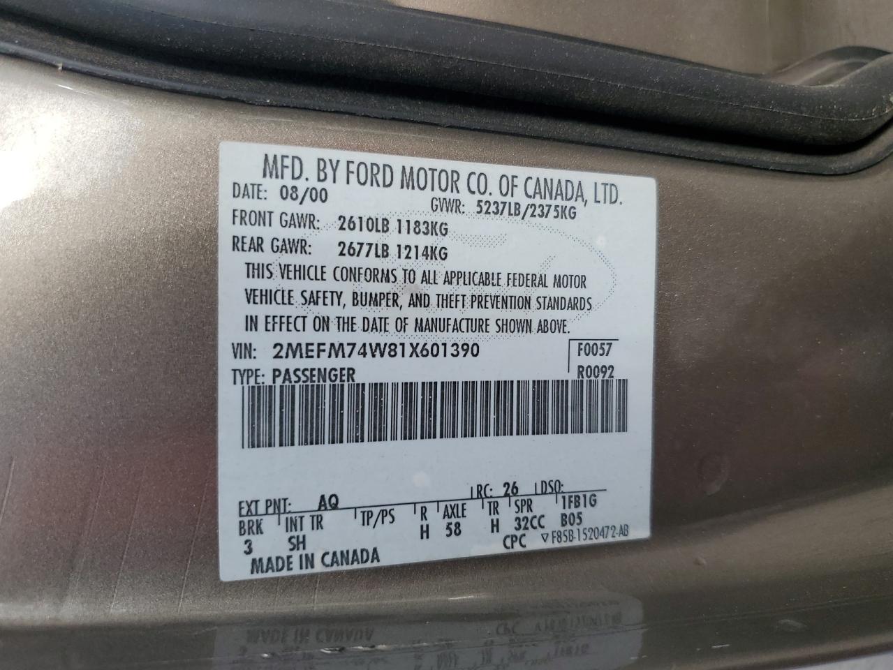 2001 Mercury Grand Marquis Gs VIN: 2MEFM74W81X601390 Lot: 82265355