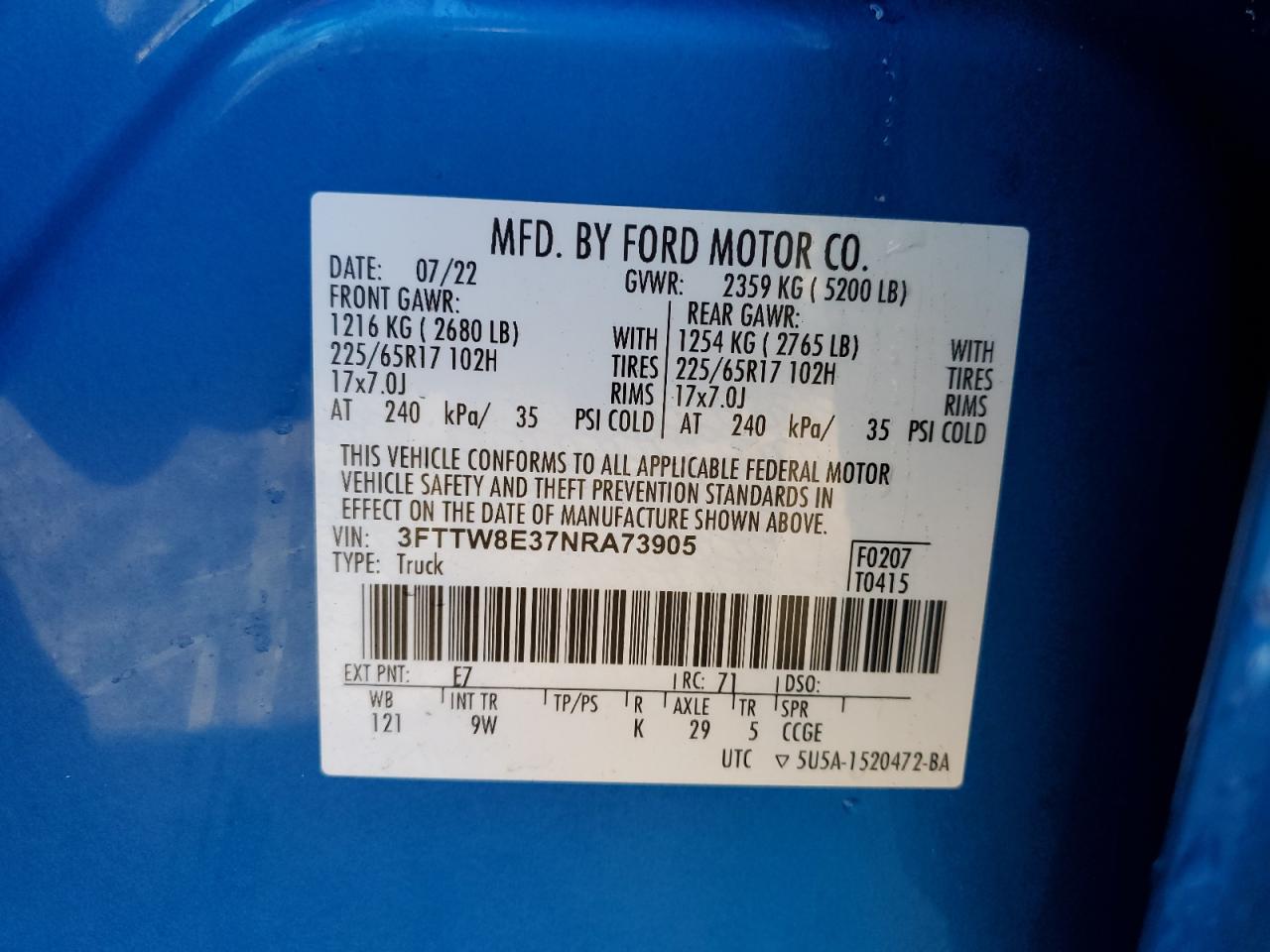 2022 Ford Maverick Xl VIN: 3FTTW8E37NRA73905 Lot: 86854255