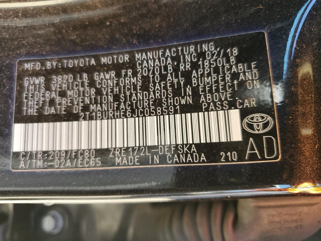 2018 Toyota Corolla L VIN: 2T1BURHE6JC058591 Lot: 85908725