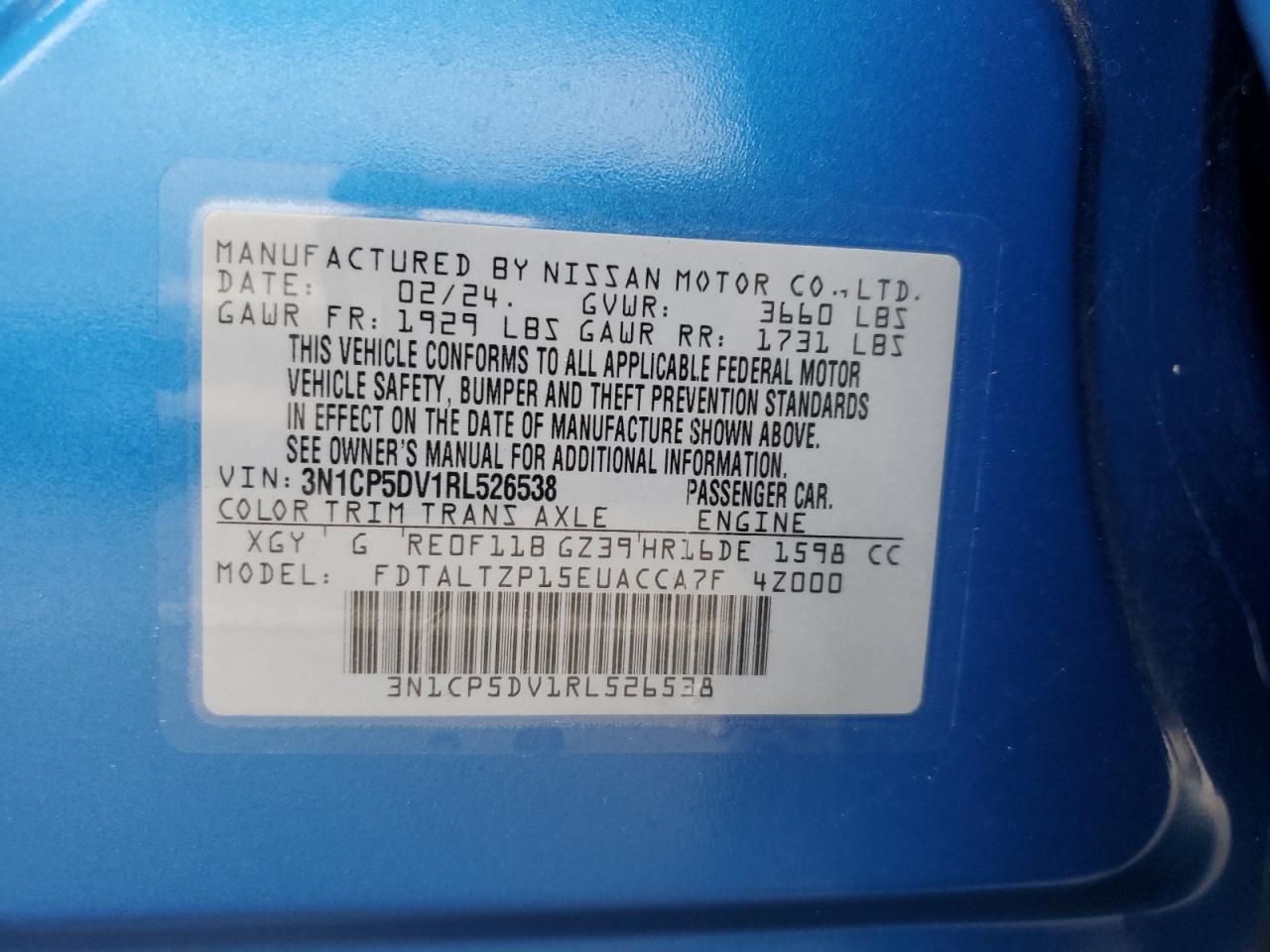 2024 Nissan Kicks Sr VIN: 3N1CP5DV1RL526538 Lot: 82182325