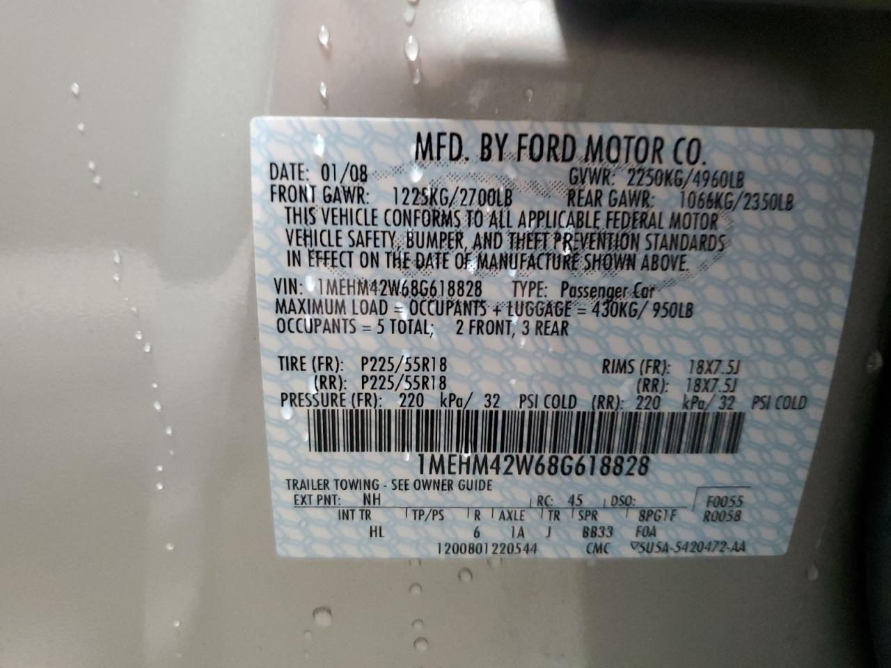 2008 Mercury Sable Premier VIN: 1MEHM42W68G618828 Lot: 85110125