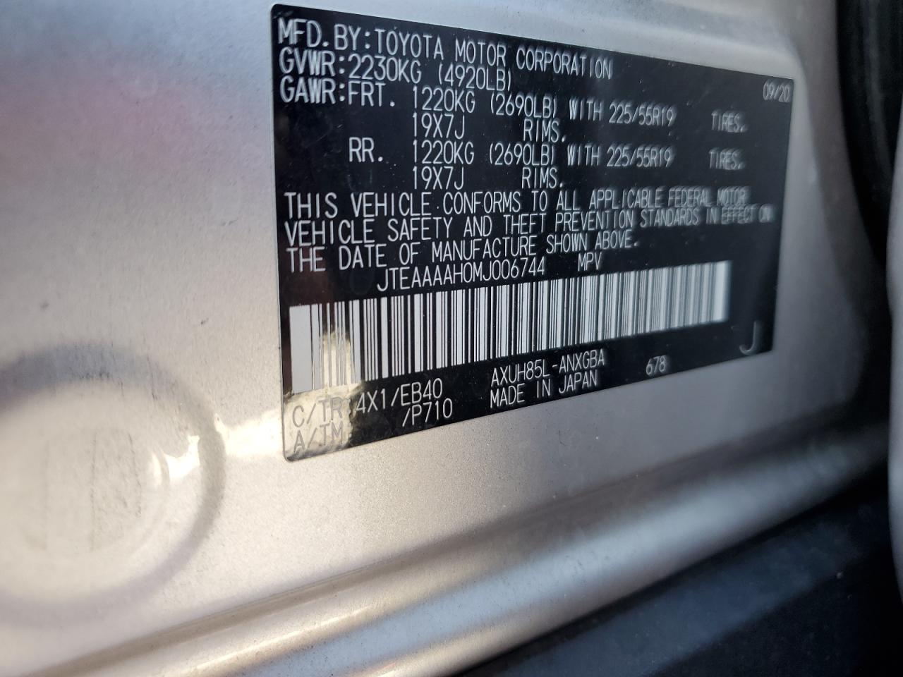 2021 Toyota Venza Le VIN: JTEAAAAH0MJ006744 Lot: 86284135