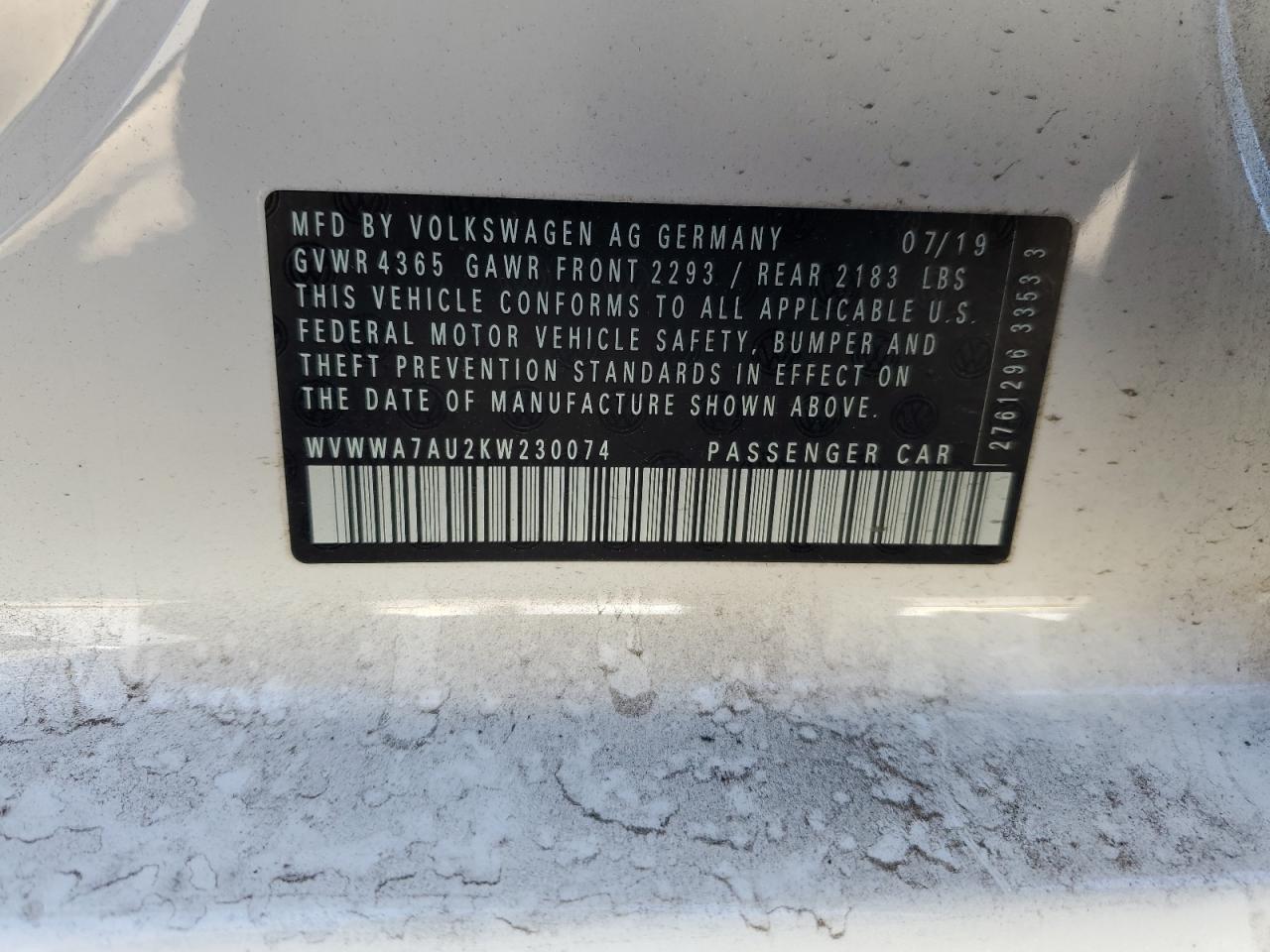 2019 Volkswagen Golf R VIN: WVWWA7AU2KW230074 Lot: 91043875