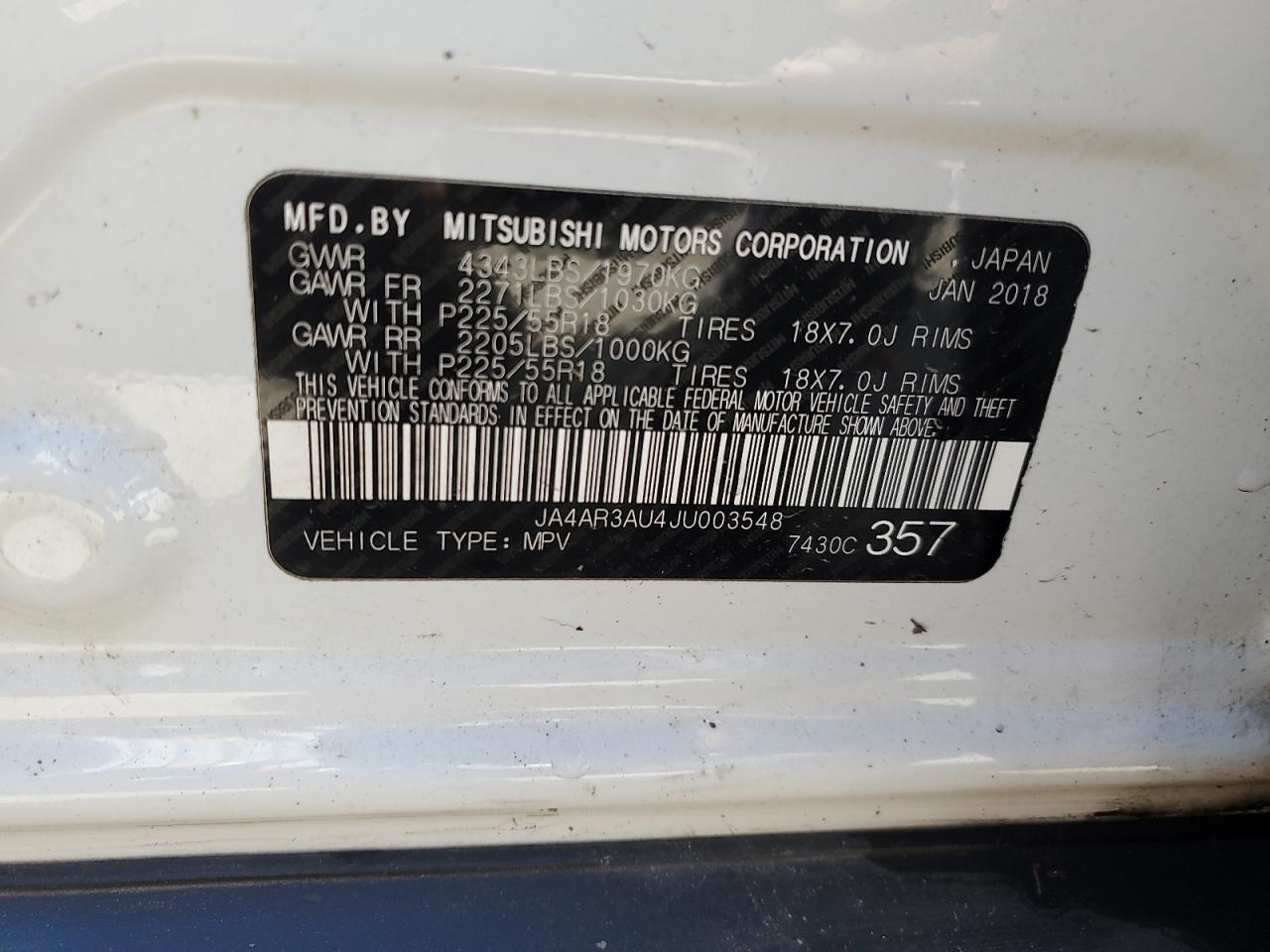 2018 Mitsubishi Outlander Sport Es VIN: JA4AR3AU4JU003548 Lot: 87114335