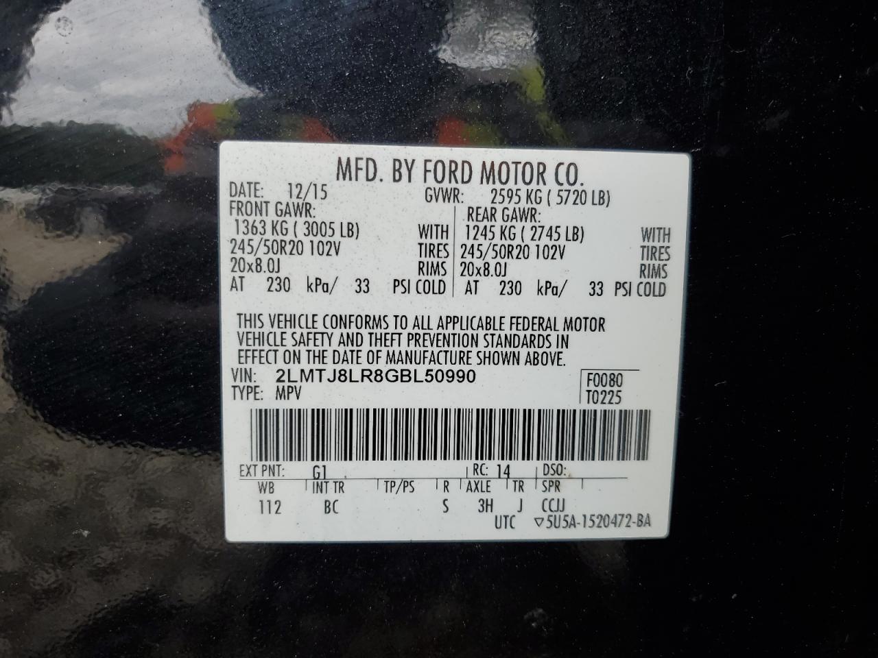 2016 Lincoln Mkx Reserve VIN: 2LMTJ8LR8GBL50990 Lot: 86850285