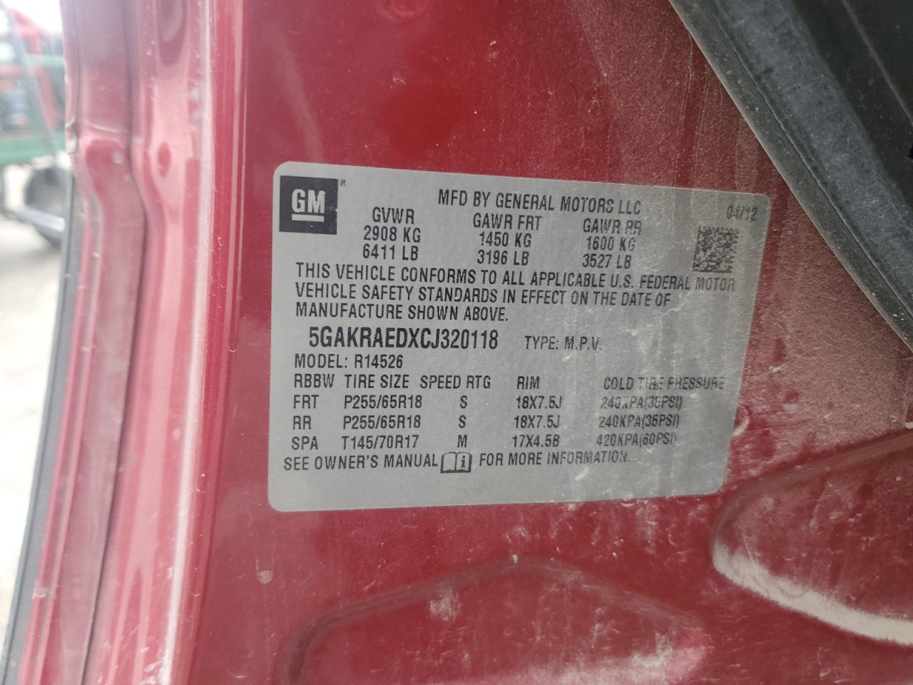 2012 Buick Enclave VIN: 5GAKRAEDXCJ320118 Lot: 90374135