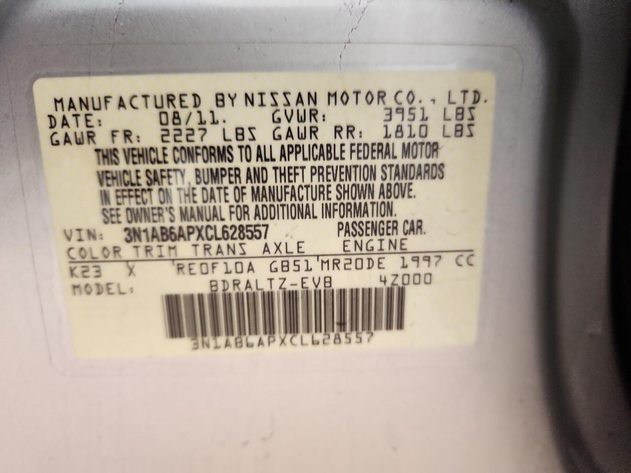 2012 Nissan Sentra 2.0 VIN: 3N1AB6APXCL628557 Lot: 82385875