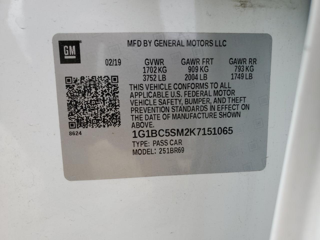 2019 Chevrolet Cruze Ls VIN: 1G1BC5SM2K7151065 Lot: 82209325