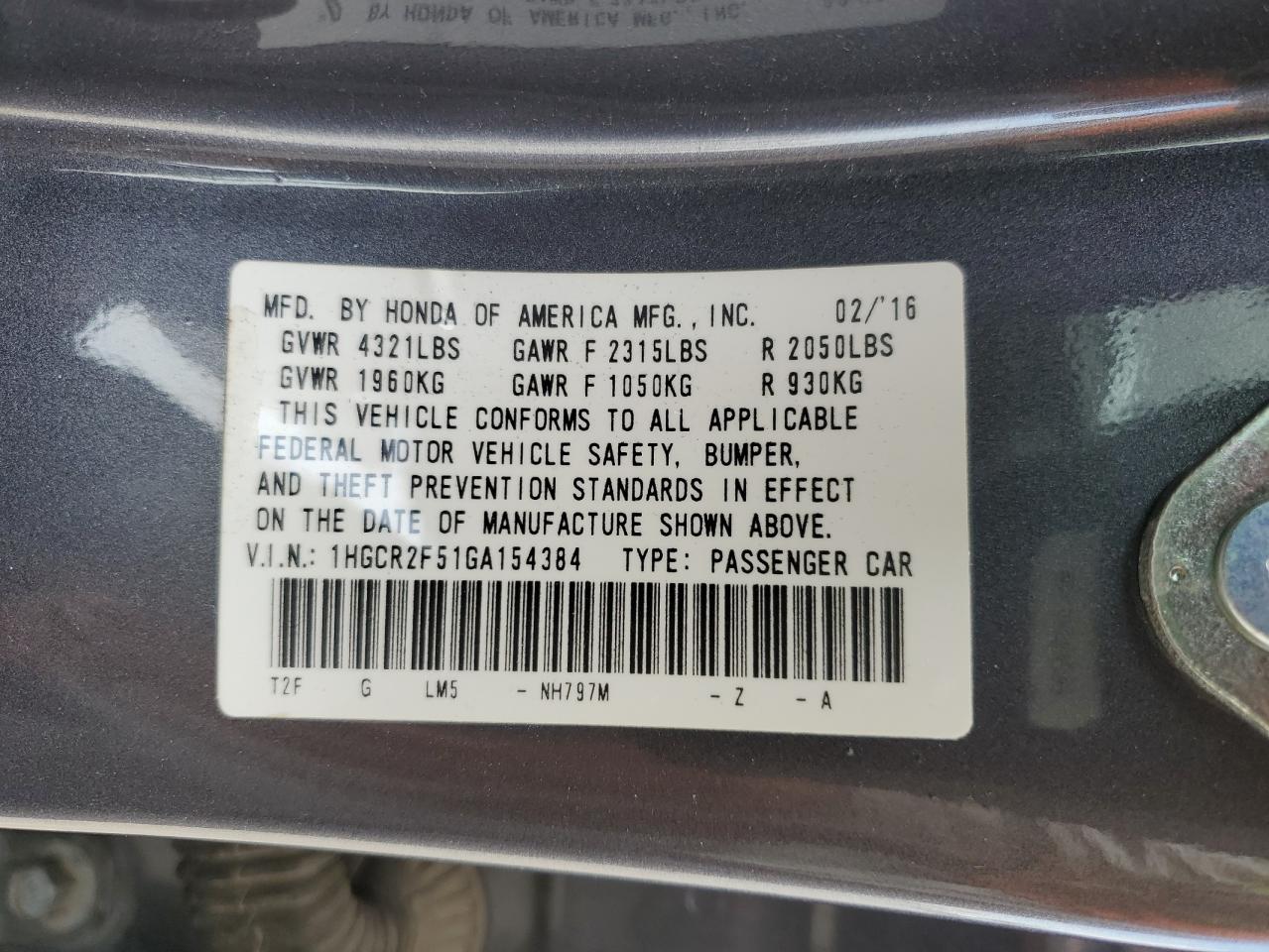 2016 Honda Accord Sport VIN: 1HGCR2F51GA154384 Lot: 84923635