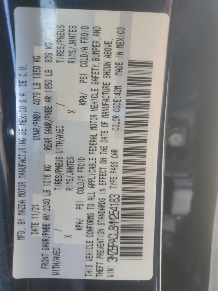 2021 Mazda 3 Preferred VIN: 3MZBPACL8MM254183 Lot: 82760505