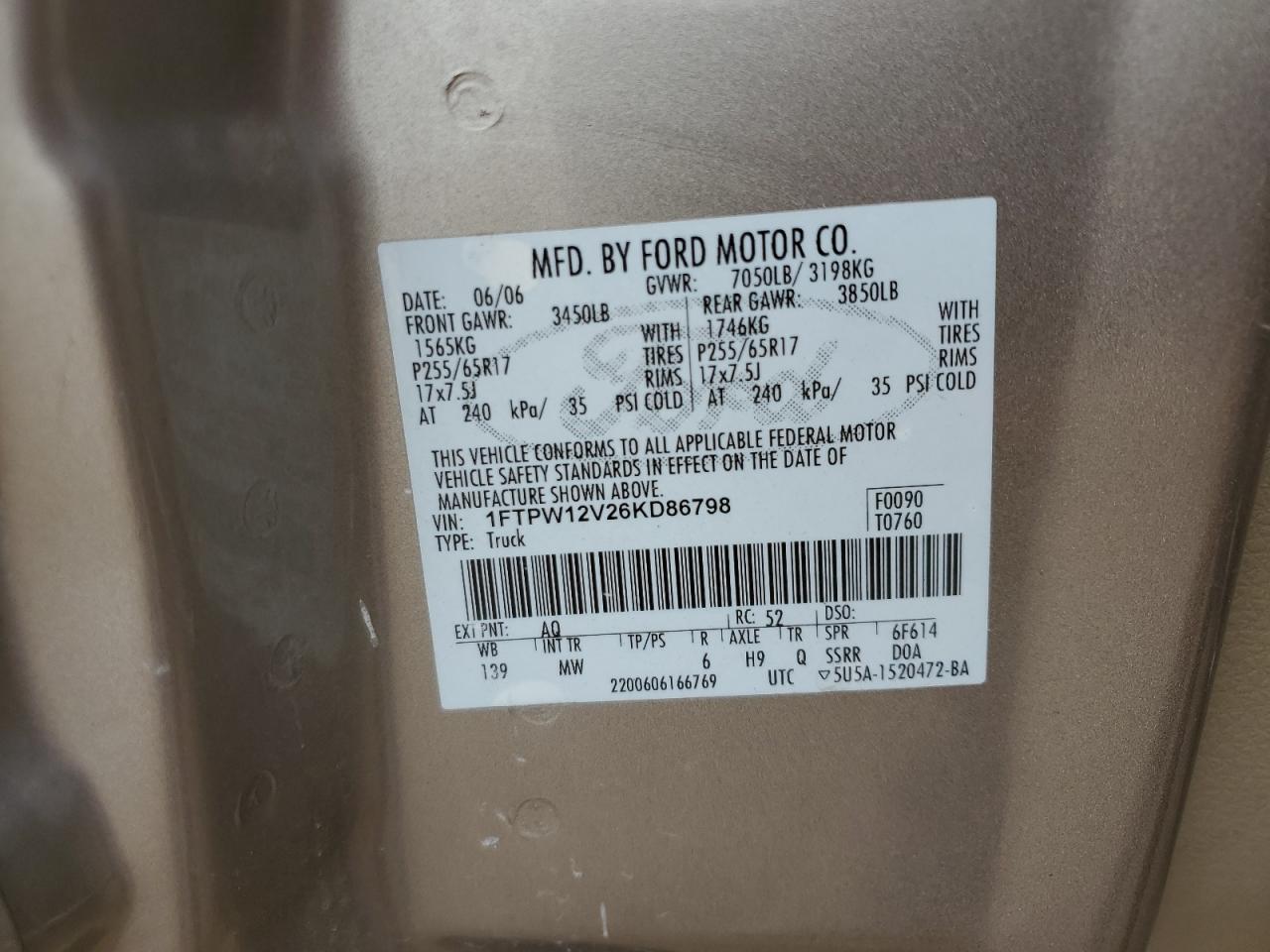2006 Ford F150 Supercrew VIN: 1FTPW12V26KD86798 Lot: 87116635