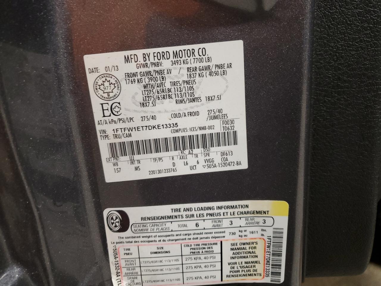 2013 Ford F150 Supercrew VIN: 1FTFW1ET7DKE13335 Lot: 90695095