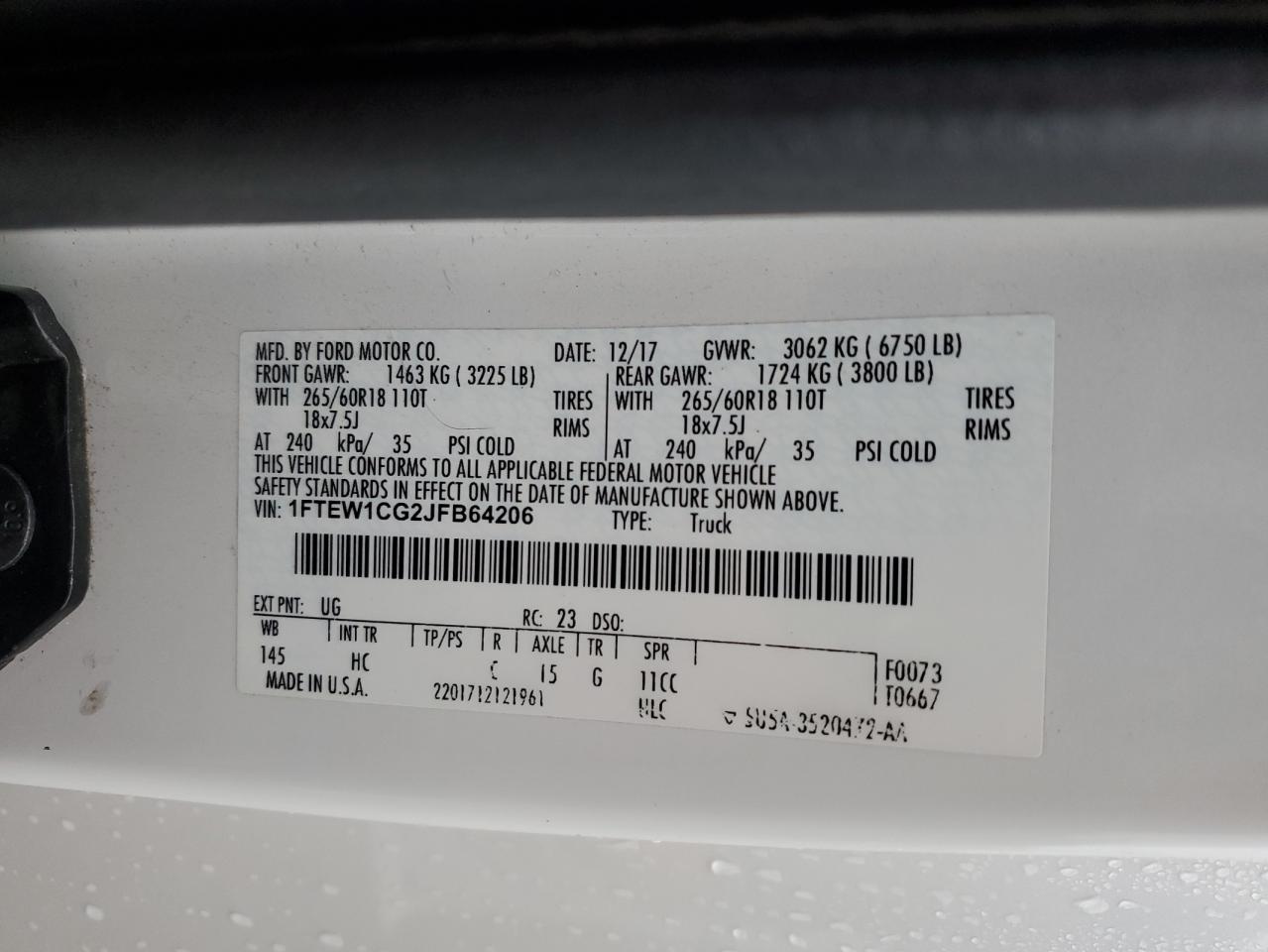 2018 Ford F150 Supercrew VIN: 1FTEW1CG2JFB64206 Lot: 90101155