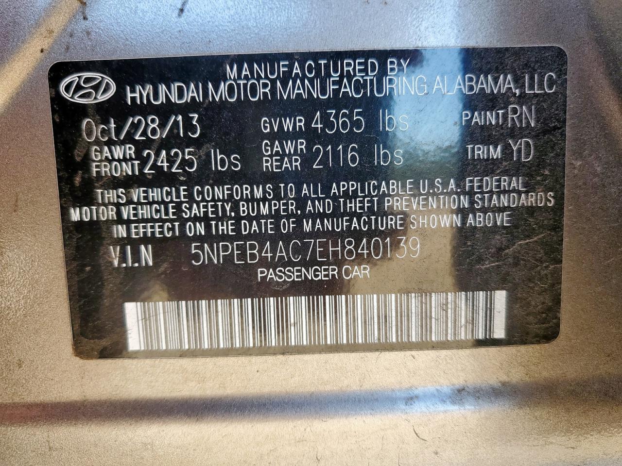 2014 Hyundai Sonata Gls VIN: 5NPEB4AC7EH840139 Lot: 85940435