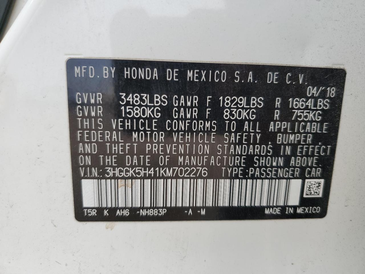 2019 Honda Fit Lx VIN: 3HGGK5H41KM702276 Lot: 86455335