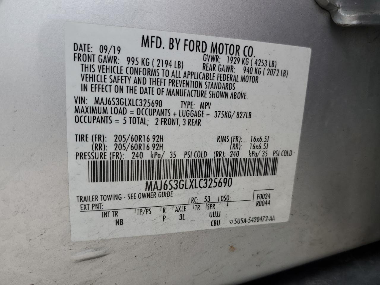 2020 Ford Ecosport Se VIN: MAJ6S3GLXLC325690 Lot: 90310505