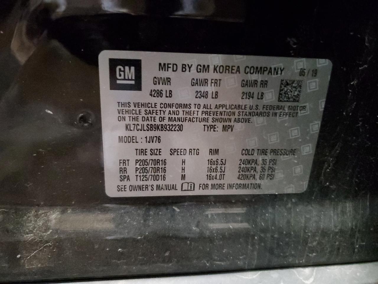 2019 Chevrolet Trax 1Lt VIN: KL7CJLSB9KB932230 Lot: 84881975